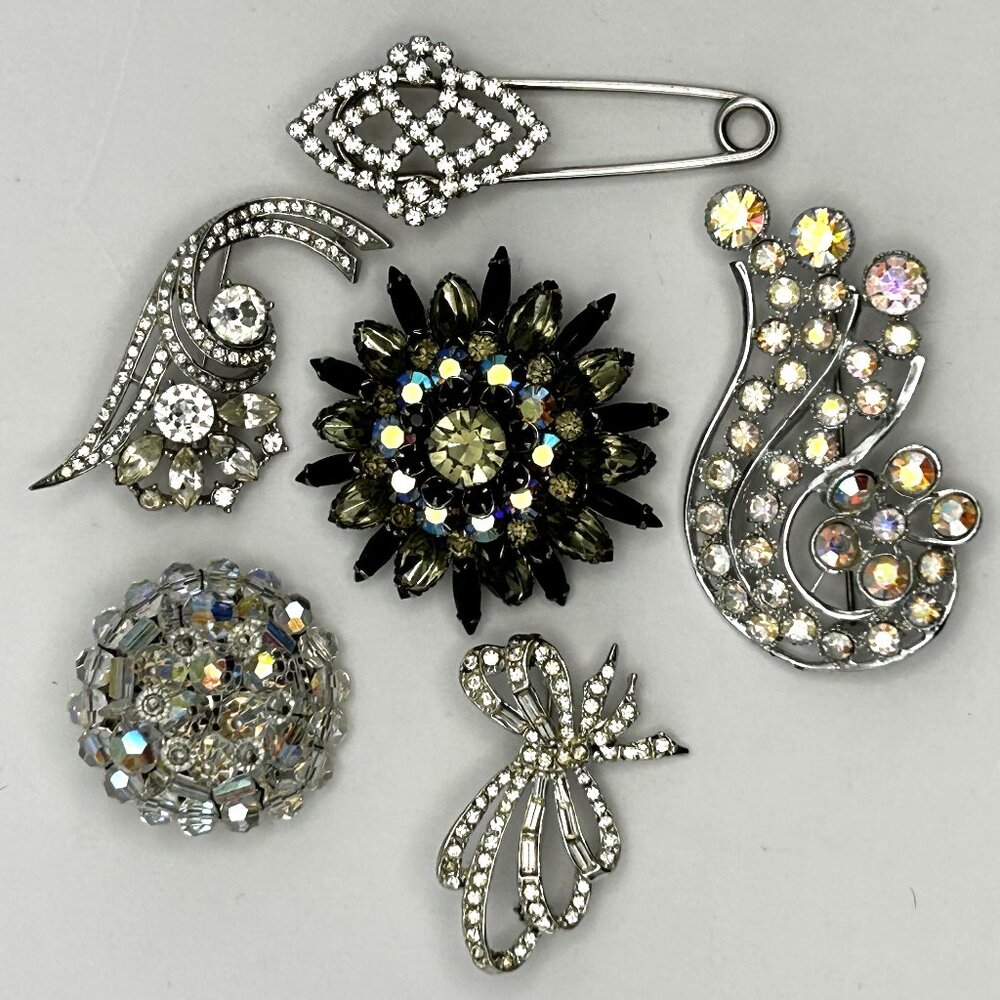 Vintage Rhinestone Brooch Lot of 6 Sparking Silver Tone Wear or Resell